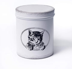 Antique White Treat Jar or Food Storage Canister with Cute Cat Design | Tight Fitting Lid | Pet Food Container Fit's Up To 2lbs of Treats