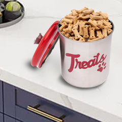Red Stainless Steel Dog Treat Jar with Airtight Lids – Holds Up to 2 lbs