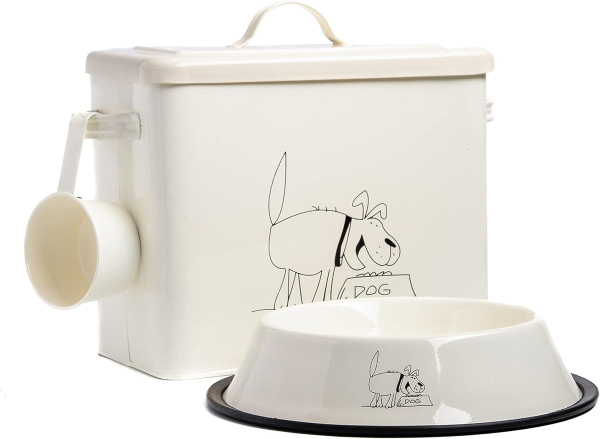 Cream Colored Cute Dog Treat or Food Canister with Bowl and Scoop stores up to 4lbs of Treats