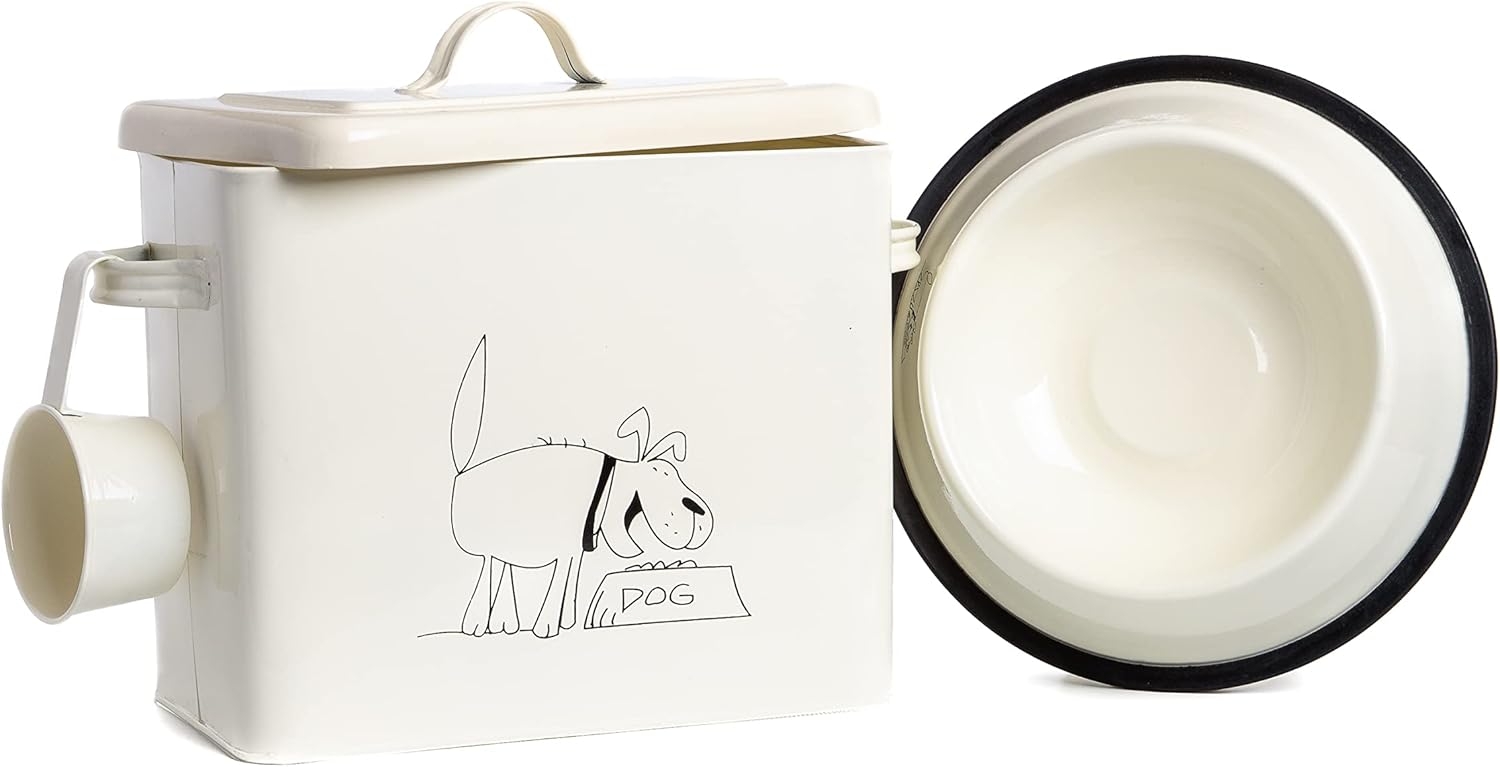 Cream Colored Cute Dog Treat or Food Canister with Bowl and Scoop stores up to 4lbs of Treats