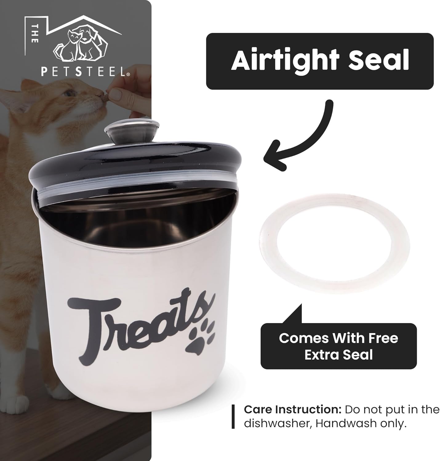 Black Stainless Steel Dog Treat Jar with Airtight Lids – Holds Up to 2 lbs