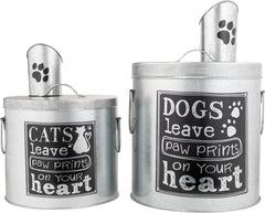 2 Pet Food Storage Containers, Small Cat Food Container Up to 20lbs and Medium Dog Pet Food Storage Up to 30lbs with Sealed Lid, Includes Matching Scoops, Durable Rustic Silver Canisters