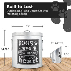 Rustic Silver Dog Pet Food Storage Medium Size Canister fits up to 30lbs with Matching Scoop | Innovative Design for Pet Food Storage | No More Plastic Containers