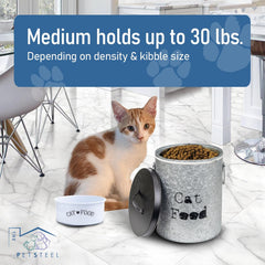 Medium Cat 40lb Pet Food Storage Canister with Scoop – Durable & Airtight for Freshnesss, Minimalist Design & Recyclable, Huge Large Metal Container (Cat Bin - Medium Size)