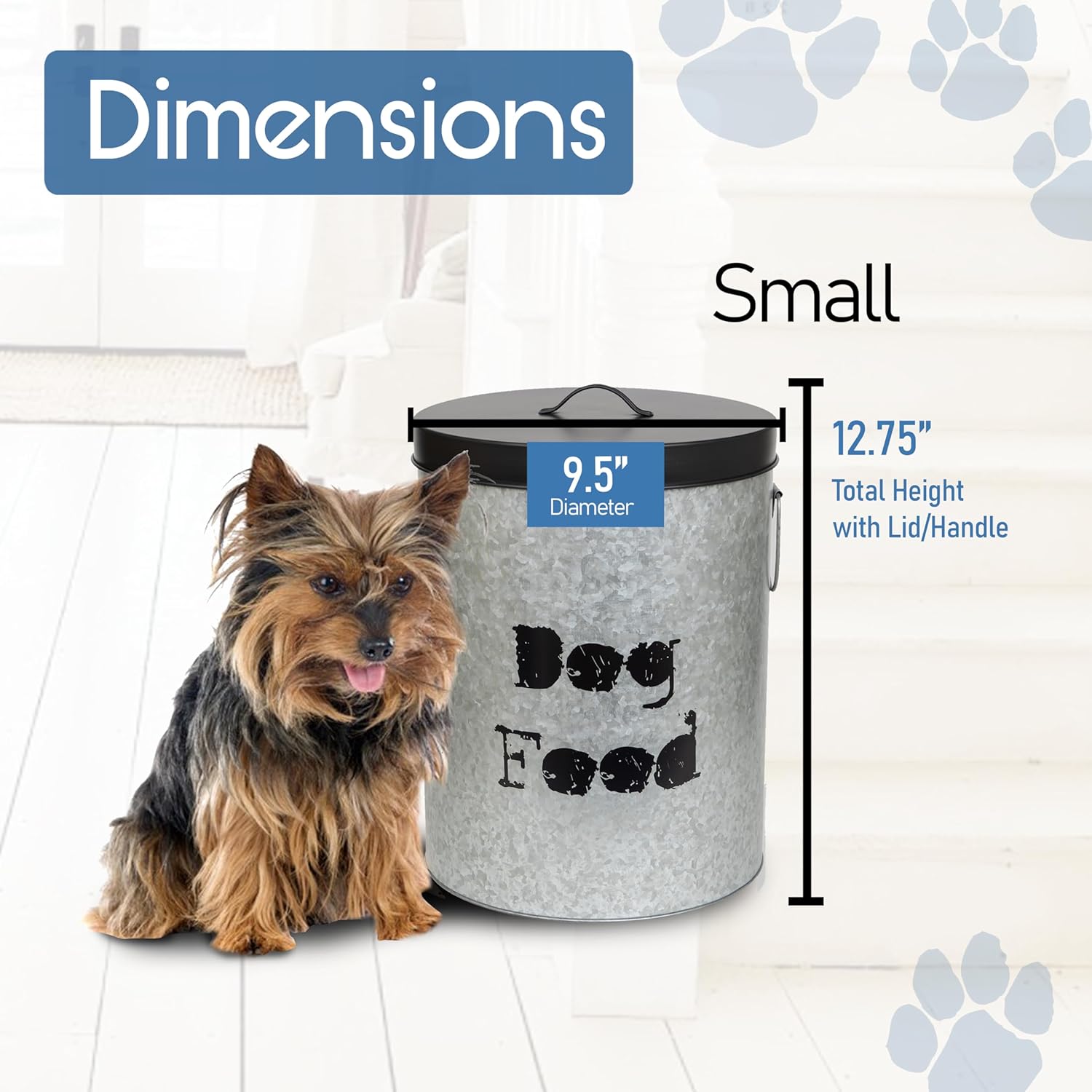 Small Dog 20lb Pet Food Storage Canister with Scoop – Durable & Airtight for Freshnesss, Minimalist Design & Recyclable, Small Metal Container for Kitchen Countertop (Dog Bin - Small Size)