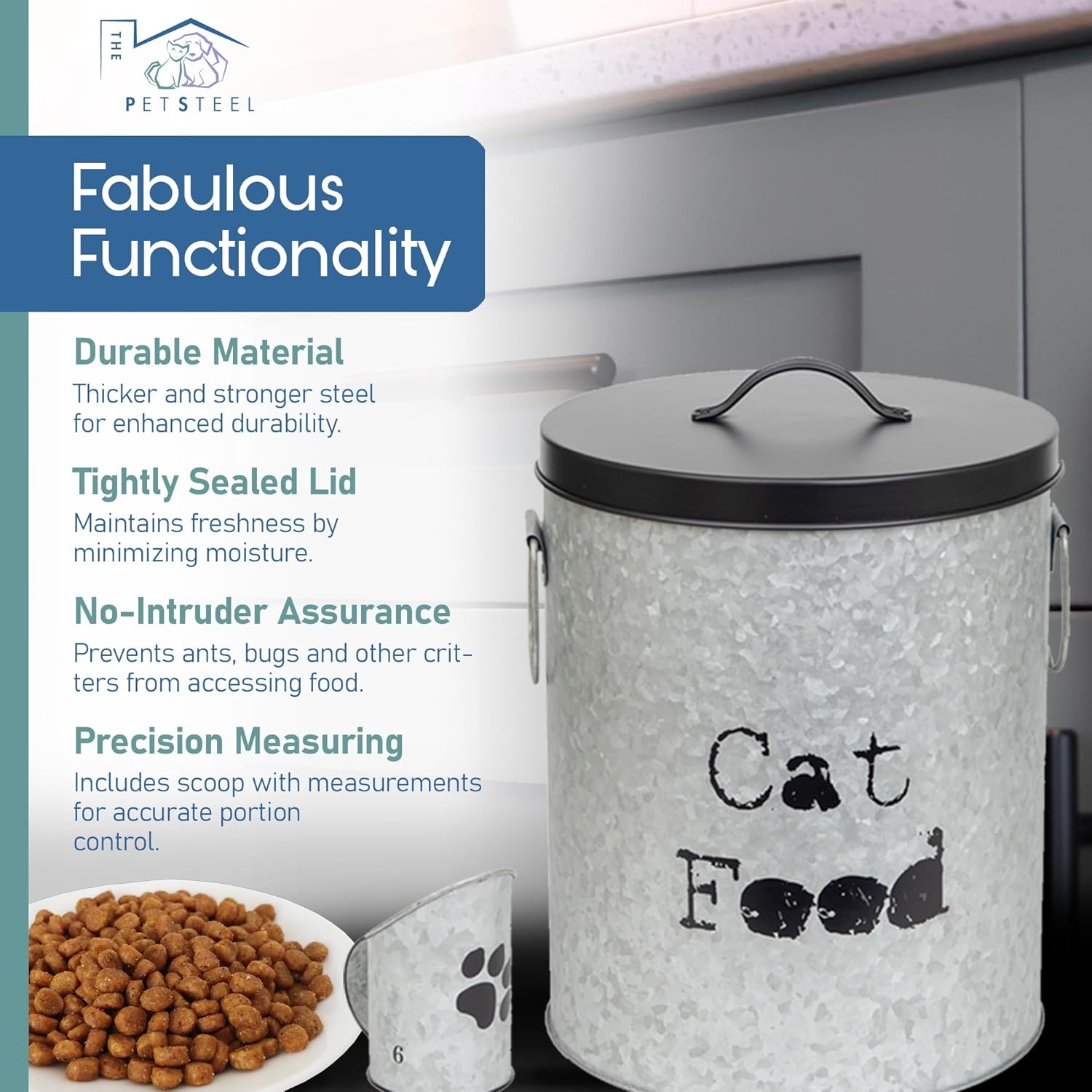 Medium Cat 40lb Pet Food Storage Canister with Scoop – Durable & Airtight for Freshnesss, Minimalist Design & Recyclable, Huge Large Metal Container (Cat Bin - Medium Size)