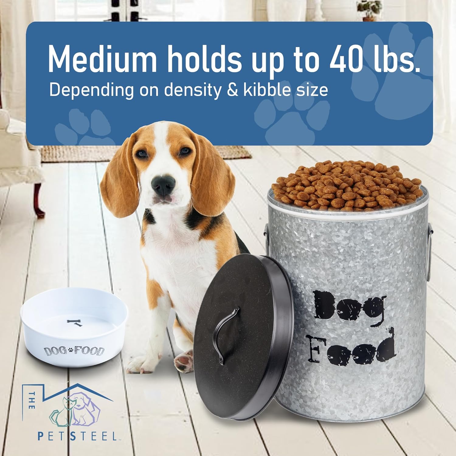 Medium Dog 40lb Pet Food Storage Canister with Scoop – Durable & Airtight for Freshnesss, Minimalist Design & Recyclable, Medium Metal Container (Dog Bin - Medium Size)