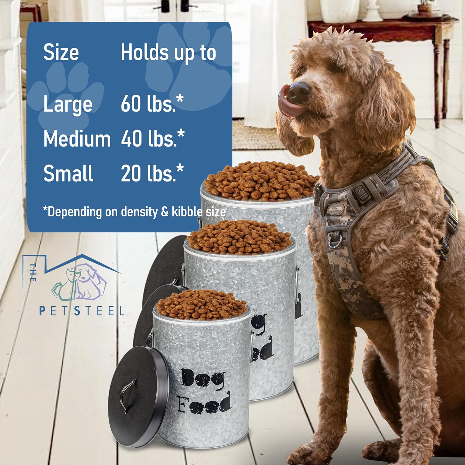 Large 60lb Dog & Medium 30lb Cat Pet Food Storage Canister with Scoop – Durable & Airtight for Freshnesss, Minimalist Design & Recyclable, Metal Container (Combo - Large Dog Bin & Med Cat Bin)