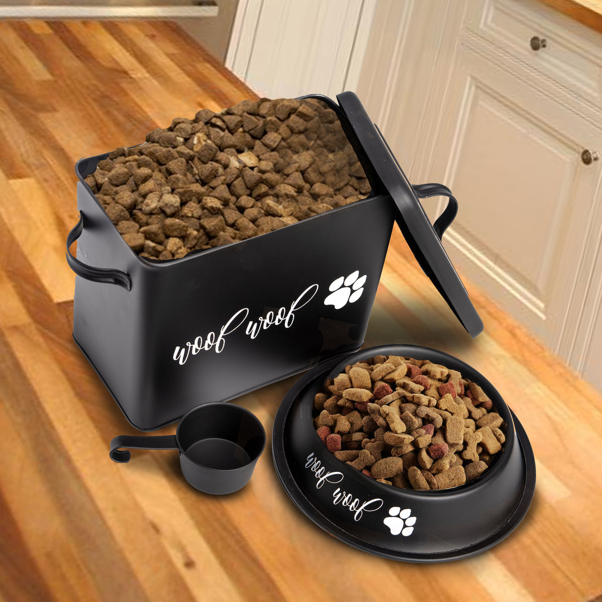The PetSteel Sexy Black Woof with Paws Decal Dog Canister with Bowl and Scoop | Simple but Useful Dog Food Storage Container with Scoop and Bowl | Dog Canister Set with an Unique Scoop for Storing up to 4lbs of Dog Treats/Food