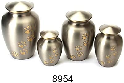 Medium Sized 7" Beautiful Pet Urn to Cherish Your Furry Friends Memories | Pewter Matte Gold Finish| Hand Carved Golden Paws on Brass Urn with a Gold Neck to Highlight The Beauty of The Urn