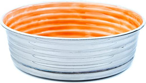 Large Orange Glossy Dog Bowl in Stainless Steel | Beautiful Orange Ceramic Looking Inner Bowl with Paw Prints Embossed Motif for Decoration