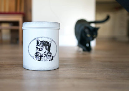 The PetSteel | Antique White Treats Jar | Sturdy Cat Treat Jar with Cute Cat Design | Tight Fitting Lids | Pet Food Container | Fit's Up to 2lbs of Treats