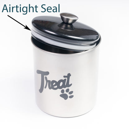 Stainless Steel Treats Jar with Black Lid | Fits up to 2 lbs of Pet's Treats | Tight Fitting Lids | Great Way to Store Your Dog or Cat's Food