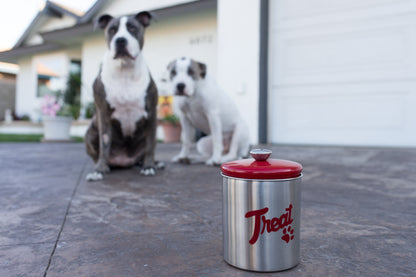 The PetSteel | Stainless Steel Treats Jar with Red Lid | Fits up to 2lbs of Pet Treats | Tight Fitting Lids | Great Way to Display and Store Your Dog or Cat's Food