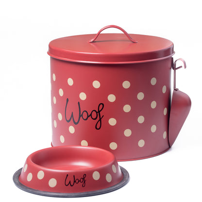 Red Polka Dot Dog Decorative Canister with Bowl and Scoop | Pet Food and Treat Container Storage Set Red | Airtight Lids | Fit's Up to 10 lbs of Treats or Food