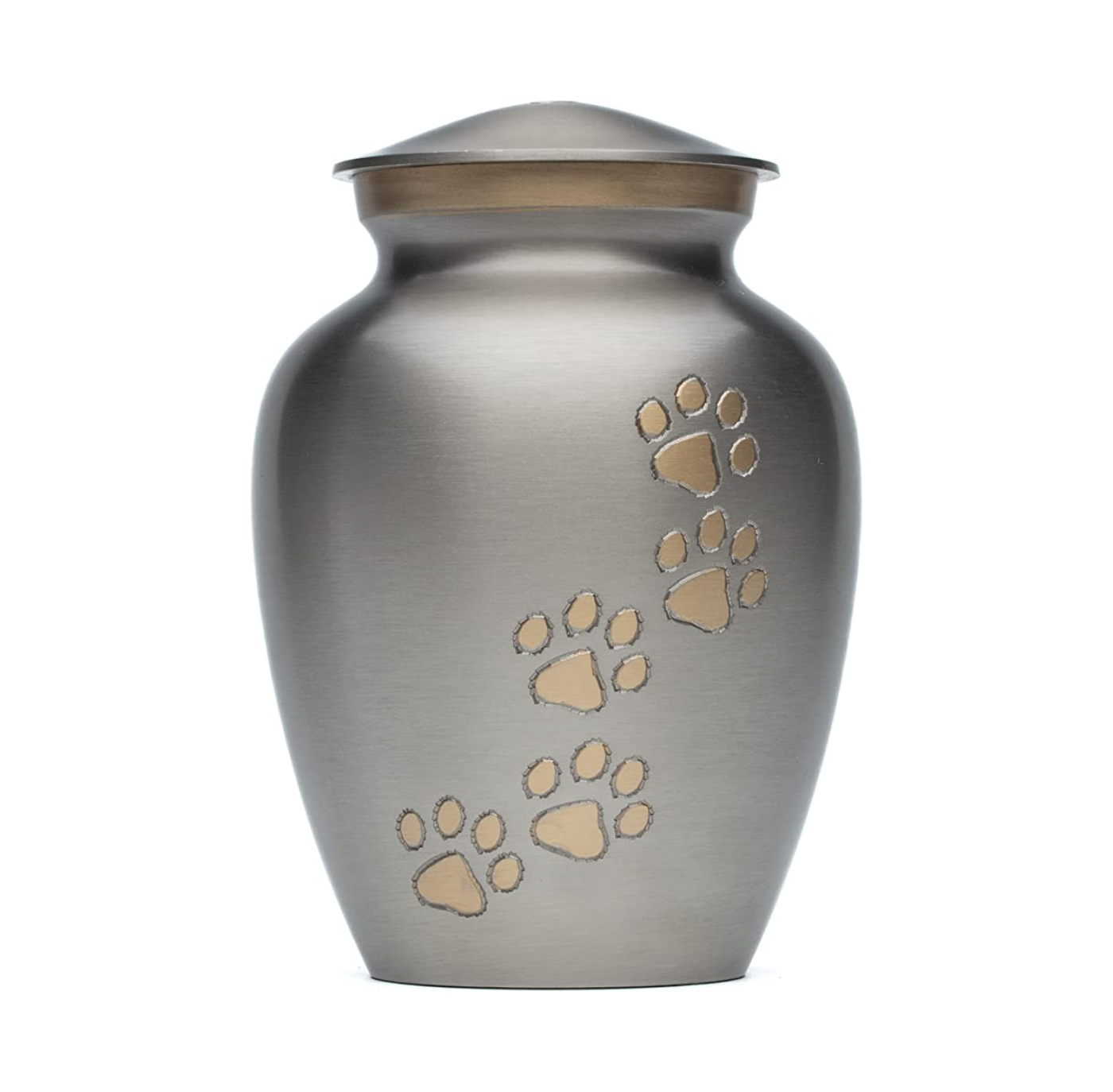 Elegant Pet Urn to Cherish Your Furry Friends Memories | Pewter Matte Gold Finish | Small 6 inch Urn | Hand Carved Golden Paws on Brass Urn with a Gold Neck to Highlight The Beauty of The Urn