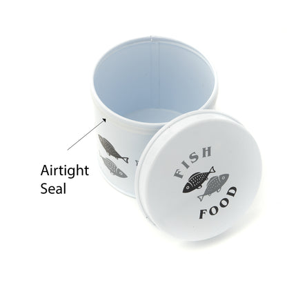 Simple Design White Round Fish Tin for Fish Food Storage | Easy to store on or near your fish aquarium or fish tank | Lightweight & tight seal for your fish food