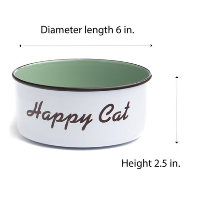 The PetSteel White Happy Cat Bowl | Simple with a No Slip Rubber Base Modern Design Striking Green Interior and Brown Border Decal Great for Feeding Your