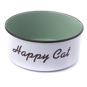 The PetSteel White Happy Cat Bowl | Simple with a No Slip Rubber Base Modern Design Striking Green Interior and Brown Border Decal Great for Feeding Your
