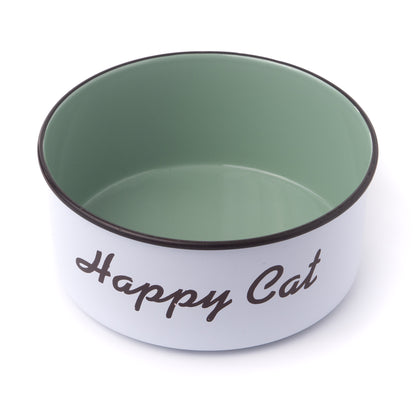 The PetSteel White Happy Cat Bowl | Simple with a No Slip Rubber Base Modern Design Striking Green Interior and Brown Border Decal Great for Feeding Your