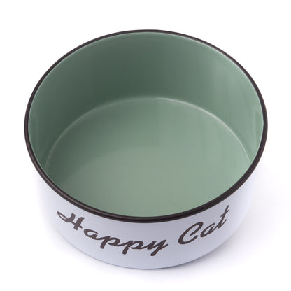 The PetSteel White Happy Cat Bowl | Simple with a No Slip Rubber Base Modern Design Striking Green Interior and Brown Border Decal Great for Feeding Your