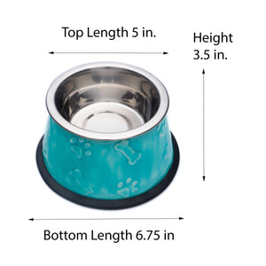 Blue Glossy Dog Bowl Casing with a Stainless Steel Dog Bowl That is Dishwasher Safe | Beautiful Blue Ceramic Looking Base with Dog Bones and Paw Prints Embossed Motif for Decoration