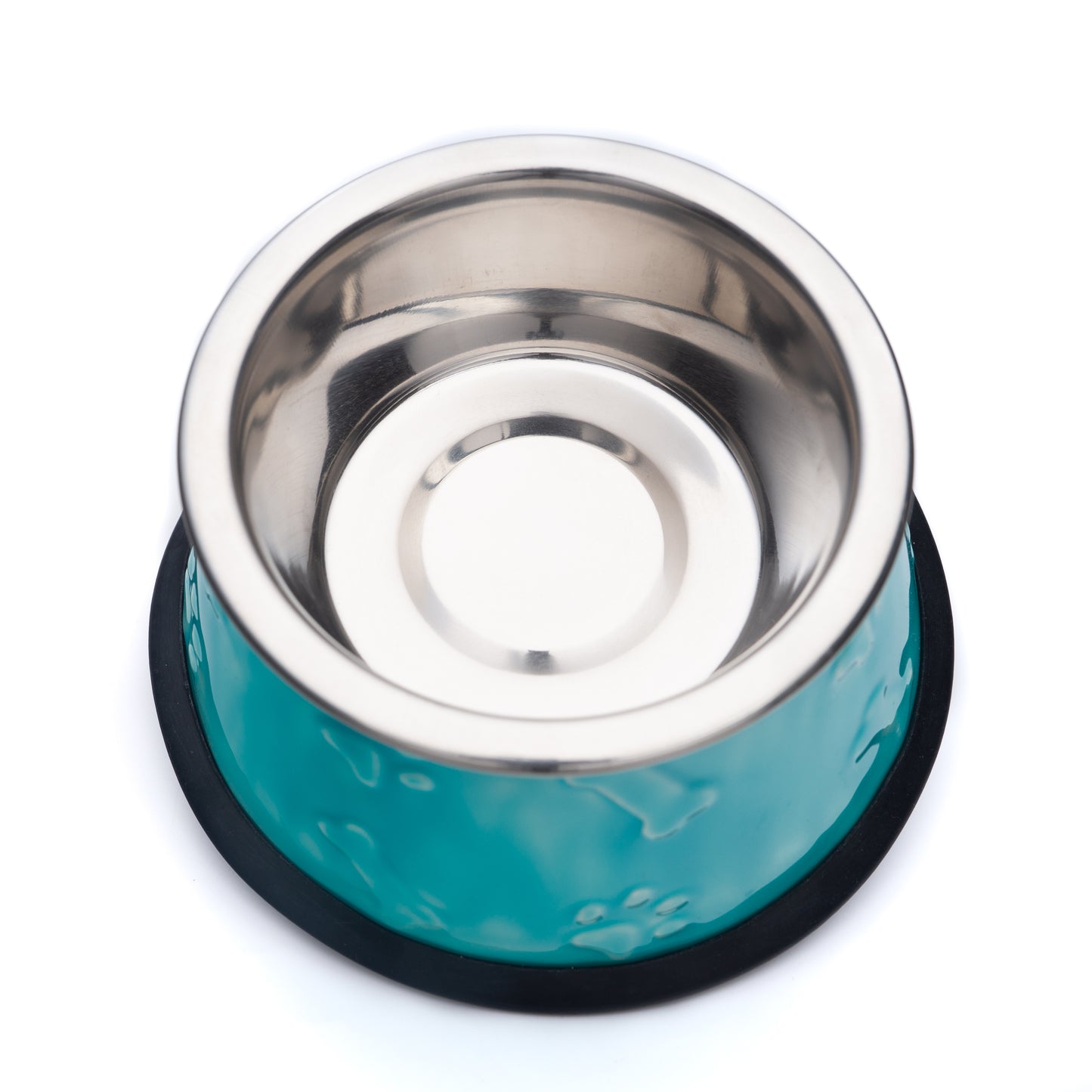 Blue Glossy Dog Bowl Casing with a Stainless Steel Dog Bowl That is Dishwasher Safe | Beautiful Blue Ceramic Looking Base with Dog Bones and Paw Prints Embossed Motif for Decoration