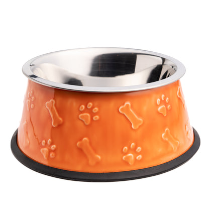 The PetSteel Large Blue Glossy Dog Bowl Casing with a Stainless Steel That is Dishwasher Safe | Beautiful Ceramic Looking Base Bones and Paw Prints Embossed Motif for Decoration