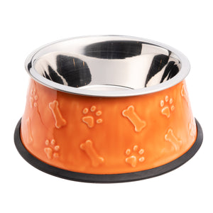 The PetSteel Large Blue Glossy Dog Bowl Casing with a Stainless Steel That is Dishwasher Safe | Beautiful Ceramic Looking Base Bones and Paw Prints Embossed Motif for Decoration