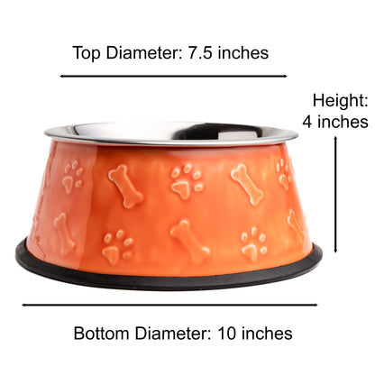 The PetSteel Large Blue Glossy Dog Bowl Casing with a Stainless Steel That is Dishwasher Safe | Beautiful Ceramic Looking Base Bones and Paw Prints Embossed Motif for Decoration