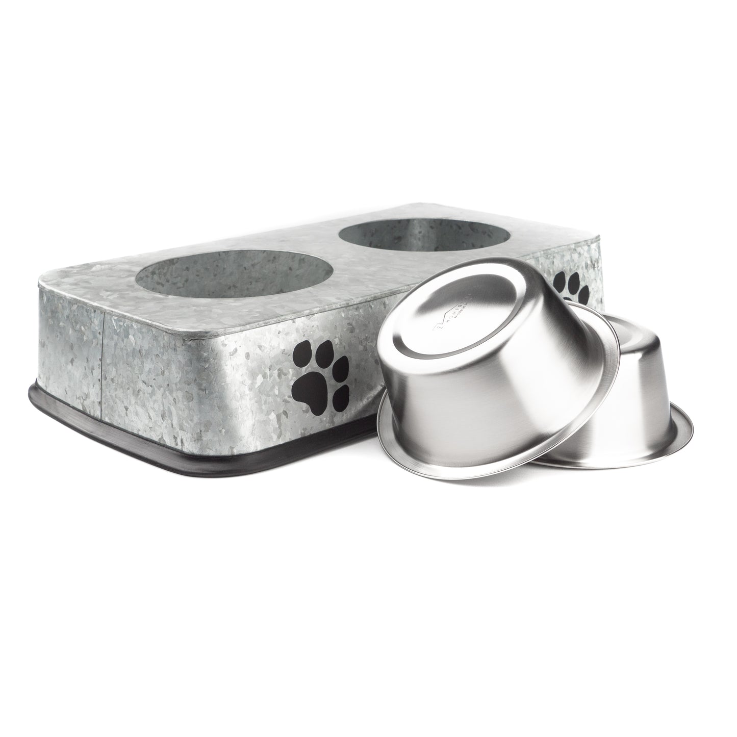 Double Bowl Dog/Cat Feeder with Stainless Steel Bowls & Stylish Paw Decals for Stylish Appeal | Bowls are Dishwasher Safe and Good for Feeding Water & Food | Perfect for a Medium to Large Sized Pets