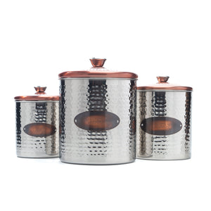 Exquisite Stainless Steel Kitchen Containers | Hammered Designed Kitchen Canisters for Food Storage | Set of 3 Food Jars in Silver with Copper Lid and Decal with paw prints