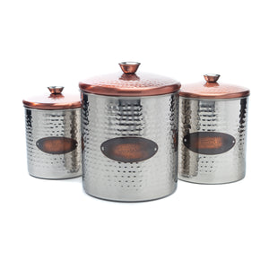 Exquisite Stainless Steel Kitchen Containers | Hammered Designed Kitchen Canisters for Food Storage | Set of 3 Food Jars in Silver with Copper Lid and Decal with paw prints