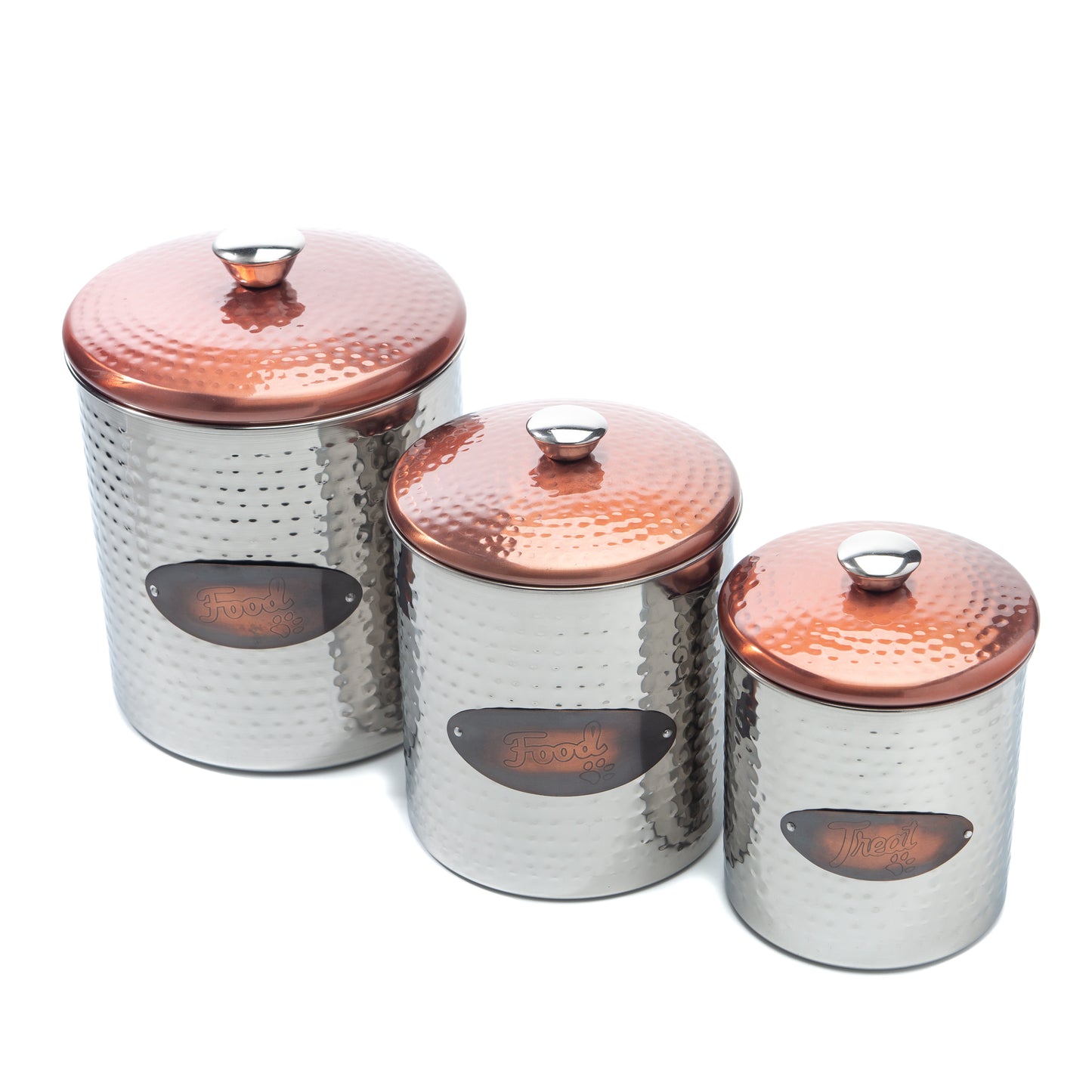 Exquisite Stainless Steel Kitchen Containers | Hammered Designed Kitchen Canisters for Food Storage | Set of 3 Food Jars in Silver with Copper Lid and Decal with paw prints