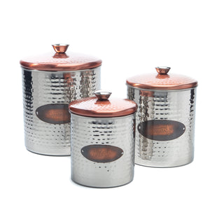 Exquisite Stainless Steel Kitchen Containers | Hammered Designed Kitchen Canisters for Food Storage | Set of 3 Food Jars in Silver with Copper Lid and Decal with paw prints