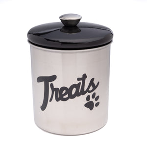 Stainless Steel Treats Jar with Black Lid | Fits up to 2 lbs of Pet's Treats | Tight Fitting Lids | Great Way to Store Your Dog or Cat's Food