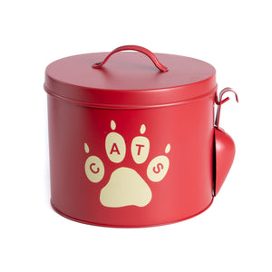 The PetSteel Red Paws Cat Canister Set with Bowl and Scoop | Pet Food and Treat Container Storage Set | Tight Fitting Lids | Kitchen Counter Treat Jar with Scoop