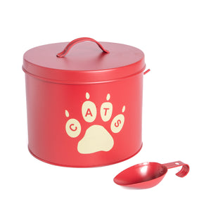 The PetSteel Red Paws Cat Canister Set with Bowl and Scoop | Pet Food and Treat Container Storage Set | Tight Fitting Lids | Kitchen Counter Treat Jar with Scoop