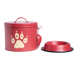 The PetSteel Red Paws Cat Canister Set with Bowl and Scoop | Pet Food and Treat Container Storage Set | Tight Fitting Lids | Kitchen Counter Treat Jar with Scoop