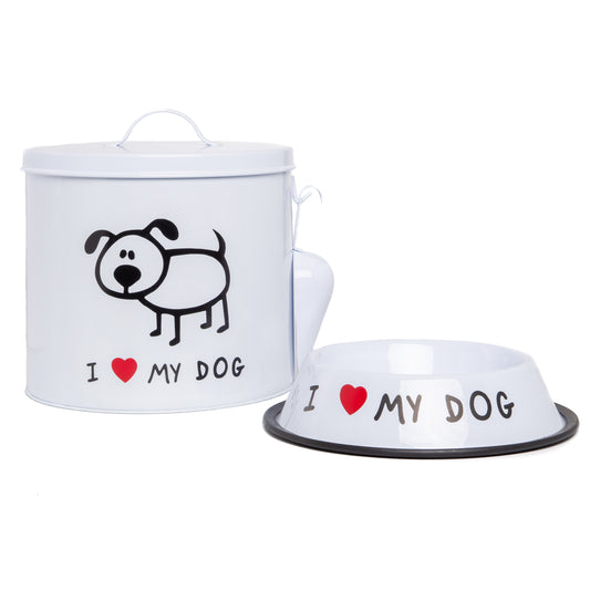 The PetSteel White I Love Dog: Decorative Canister with Bowl and Scoop | Pet Food and Treat Container Storage Set | Airtight Lids | Fit's Up to 10 lbs of Treats or Food | Pet Treat Jar (PGSTN-03D)