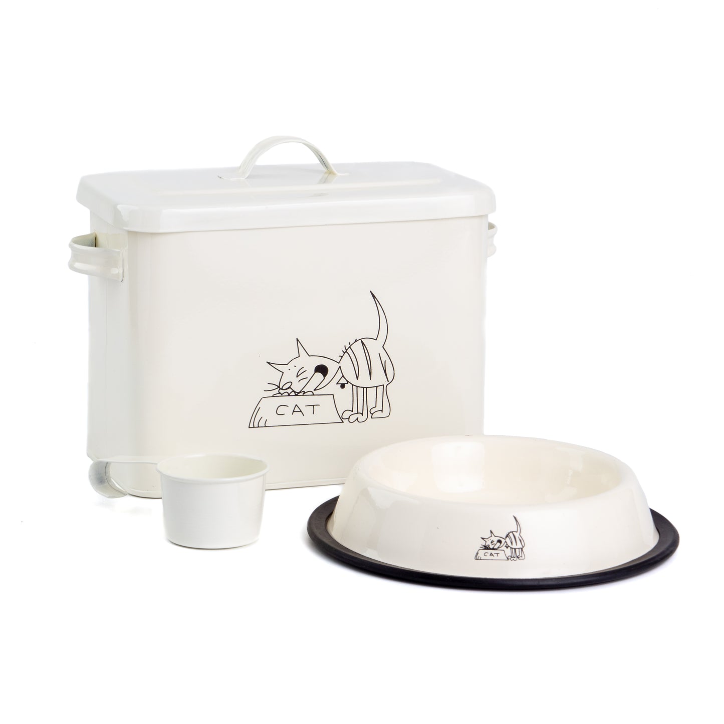 The PetSteel Cute and Silly Off White Cat Canister Set with Bowl and Scoop | Pet Food and Treat Container Storage Set | Kitchen Counter Treat Jar with Scoop | Fits up to 3lbs of Treats