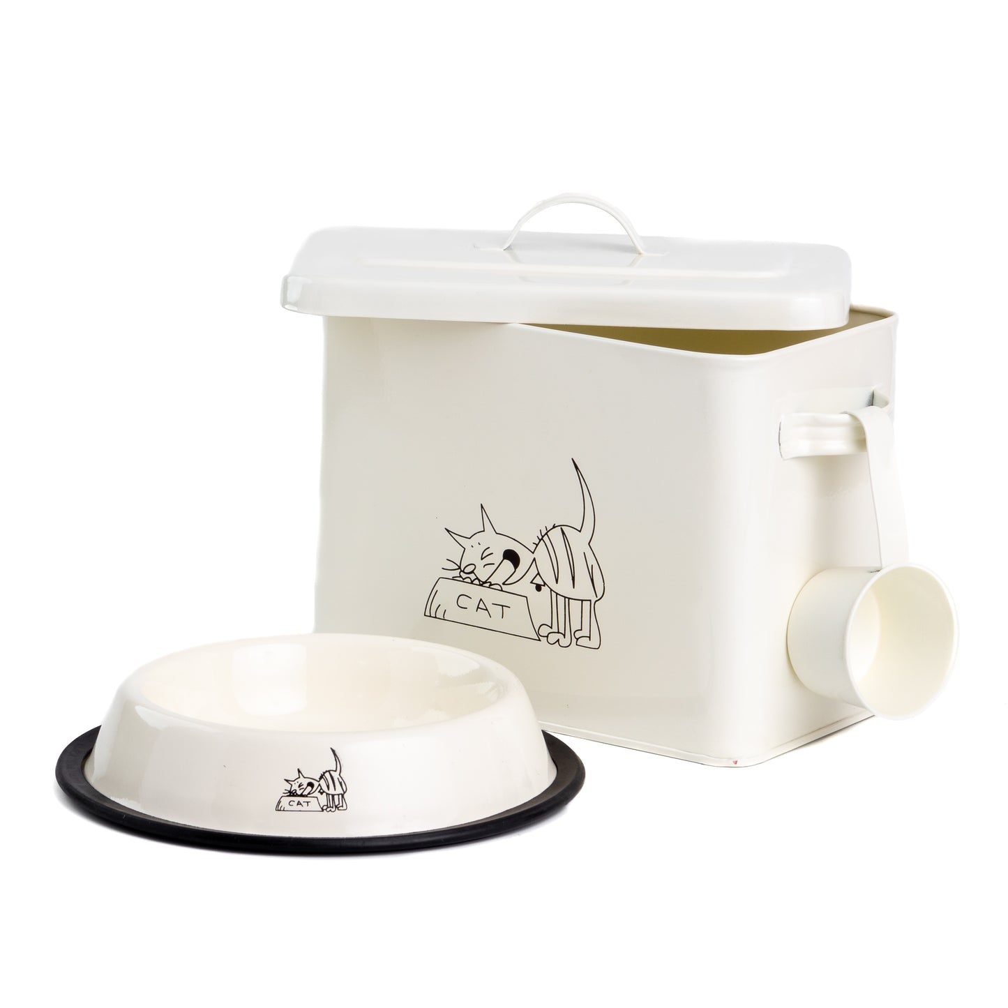 The PetSteel Cute and Silly Off White Cat Canister Set with Bowl and Scoop | Pet Food and Treat Container Storage Set | Kitchen Counter Treat Jar with Scoop | Fits up to 3lbs of Treats