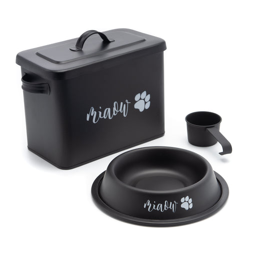 The PetSteel Black Stylish Cat Decorative Canister with Bowl & Scoop | Pet Food and Treat Container Storage Set | Fits up to 3lbs of Cat Food Small