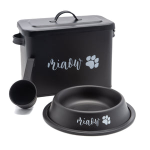 The PetSteel Black Stylish Cat Decorative Canister with Bowl & Scoop | Pet Food and Treat Container Storage Set | Fits up to 3lbs of Cat Food Small