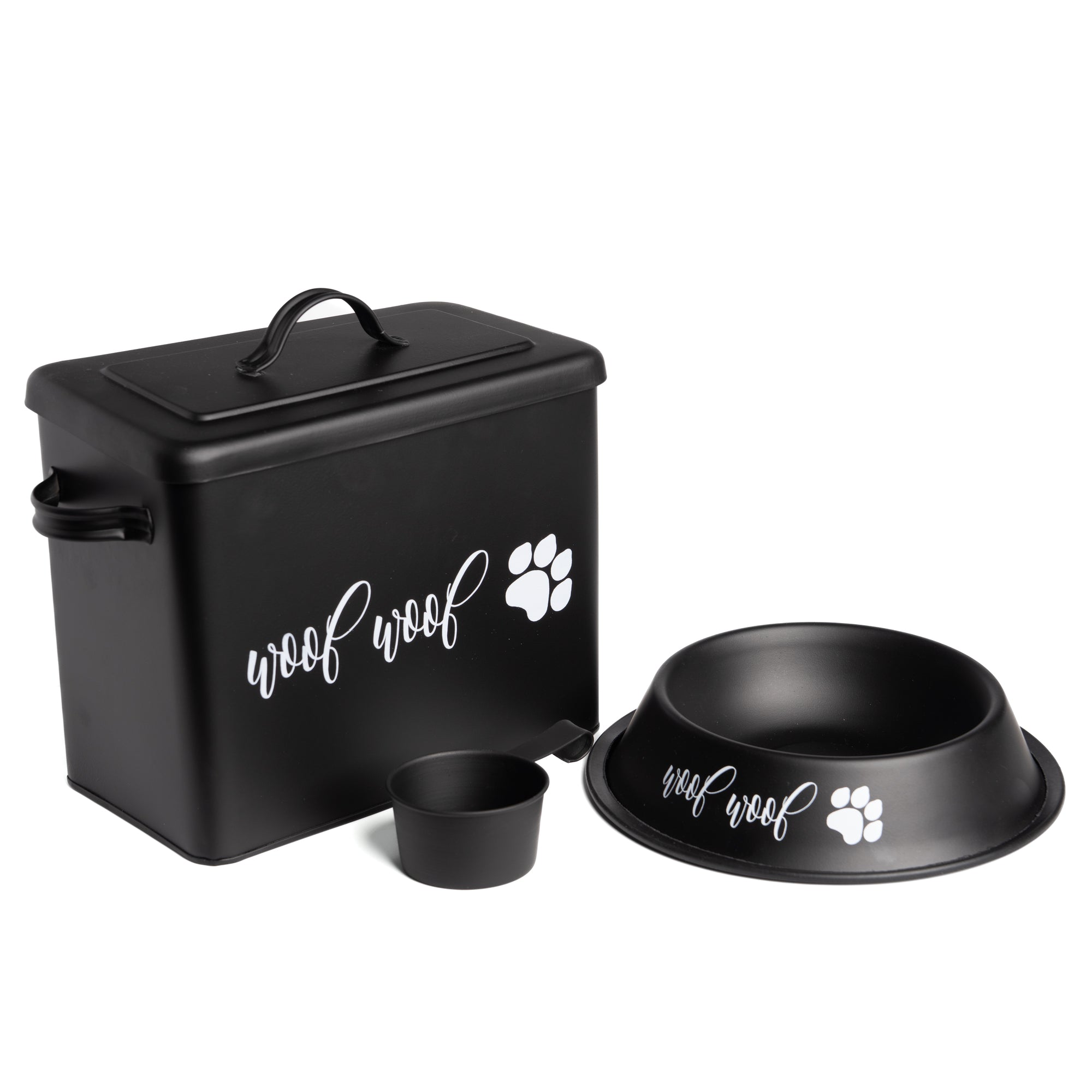 The PetSteel Sexy Black Woof with Paws Decal Dog Canister with Bowl and Scoop | Simple but Useful Dog Food Storage Container with Scoop and Bowl | Dog Canister Set with an Unique Scoop for Storing up to 4lbs of Dog Treats/Food
