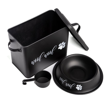 The PetSteel Sexy Black Woof with Paws Decal Dog Canister with Bowl and Scoop | Simple but Useful Dog Food Storage Container with Scoop and Bowl | Dog Canister Set with an Unique Scoop for Storing up to 4lbs of Dog Treats/Food