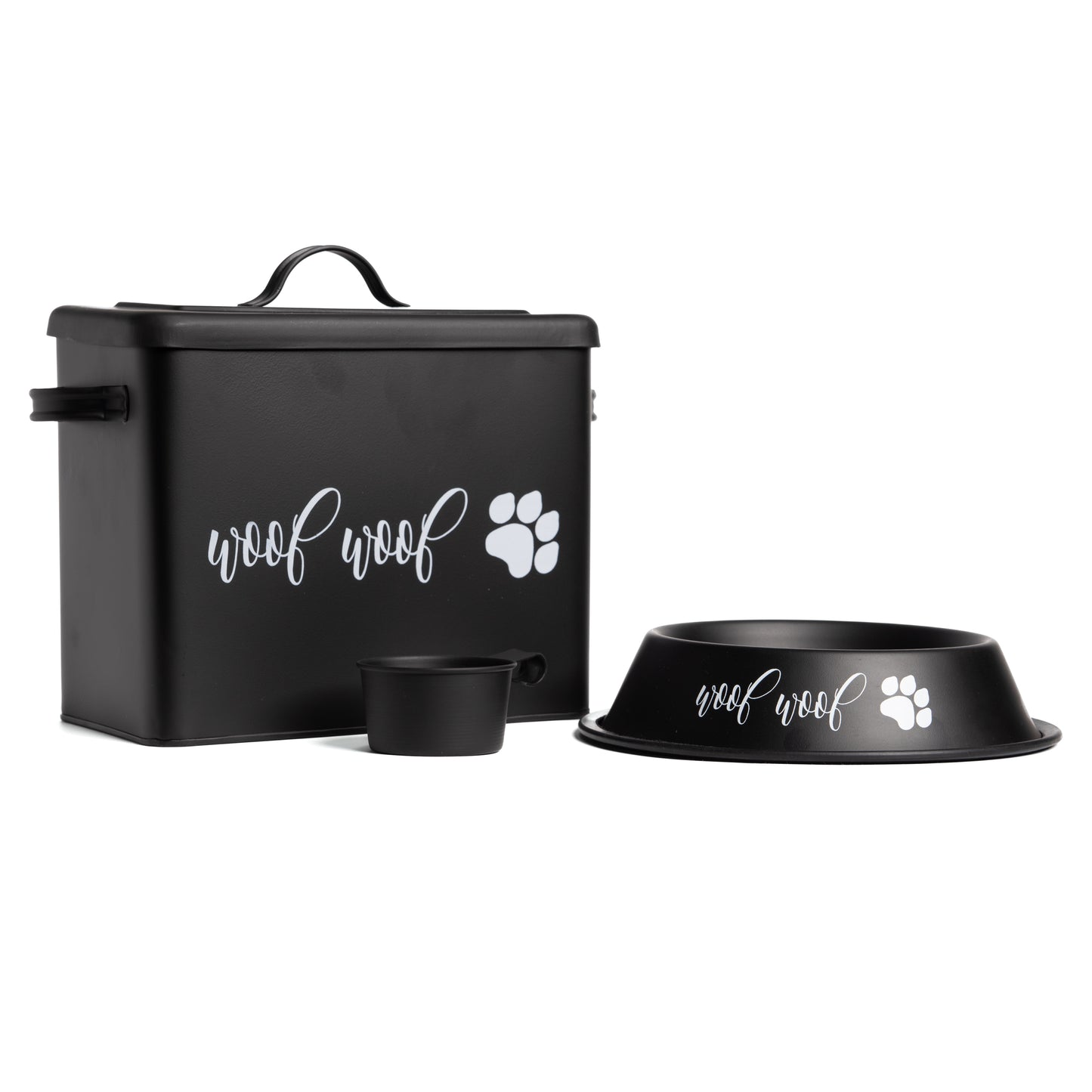 The PetSteel Sexy Black Woof with Paws Decal Dog Canister with Bowl and Scoop | Simple but Useful Dog Food Storage Container with Scoop and Bowl | Dog Canister Set with an Unique Scoop for Storing up to 4lbs of Dog Treats/Food