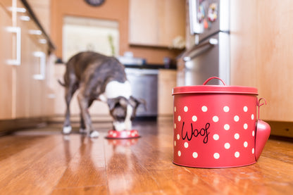 Red Polka Dot Dog Decorative Canister with Bowl and Scoop | Pet Food and Treat Container Storage Set Red | Airtight Lids | Fit's Up to 10 lbs of Treats or Food